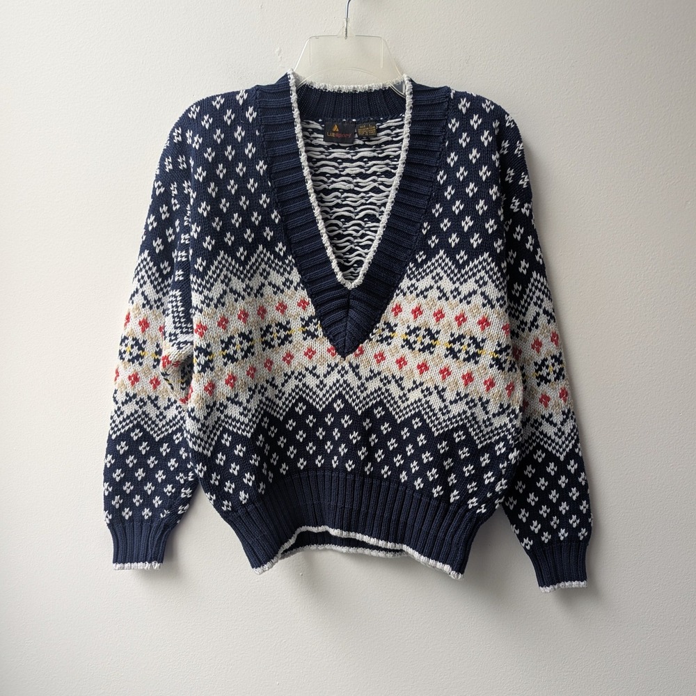 Vtg Sweater Navy Blue Fair Isle V-Neck Knit Sz L Nordic Cozy Cabin Winter 90s